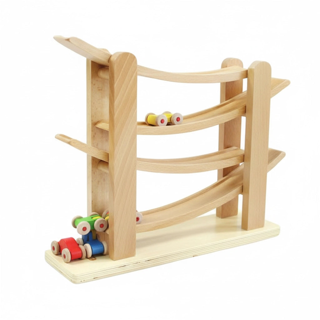 Montessori wooden car ramp toy made of solid beech with small cars at the base, on a white background