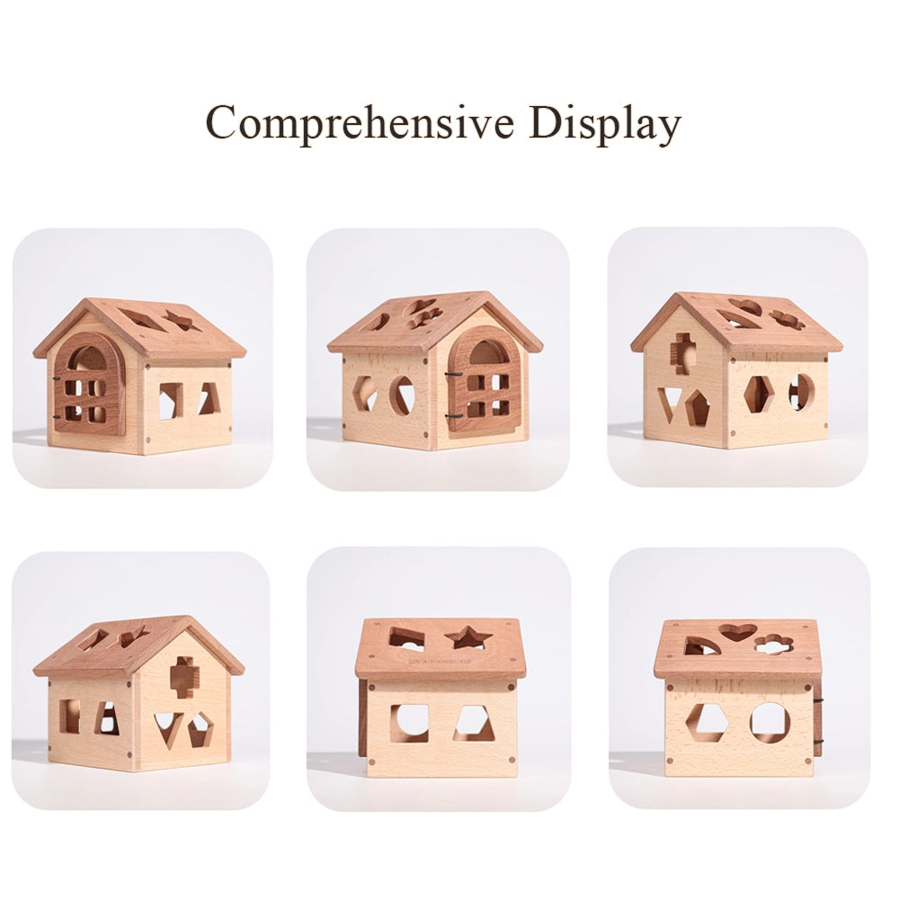 Six different viewing angles of the solid hardwood shape sorter house on a white background
