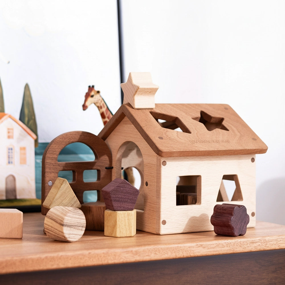 Front-angled view of a Montessori wooden shape sorter house with various solid hardwood geometric blocks