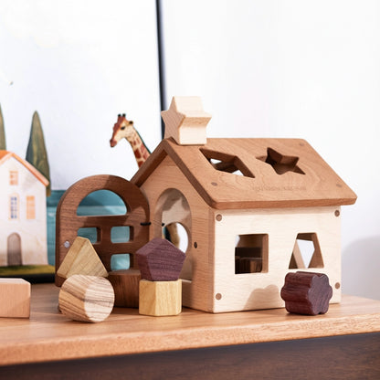 Front-angled view of a Montessori wooden shape sorter house with various solid hardwood geometric blocks