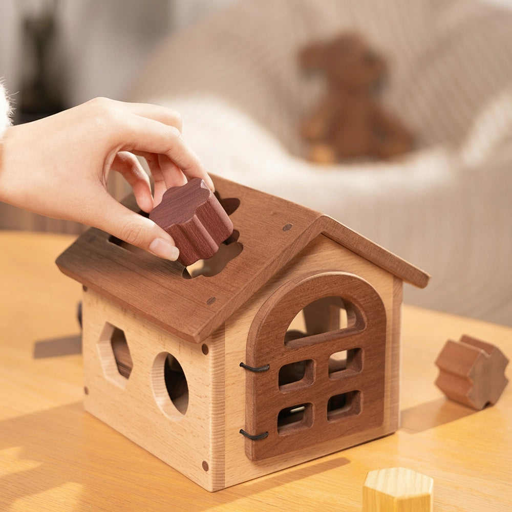 Close-up of a hand placing a wooden block into a roof slot on the solid hardwood shape sorter house