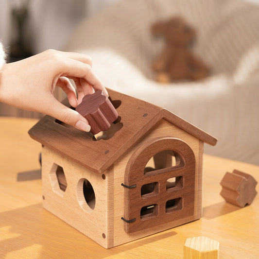 Close-up of a hand placing a wooden block into a roof slot on the solid hardwood shape sorter house