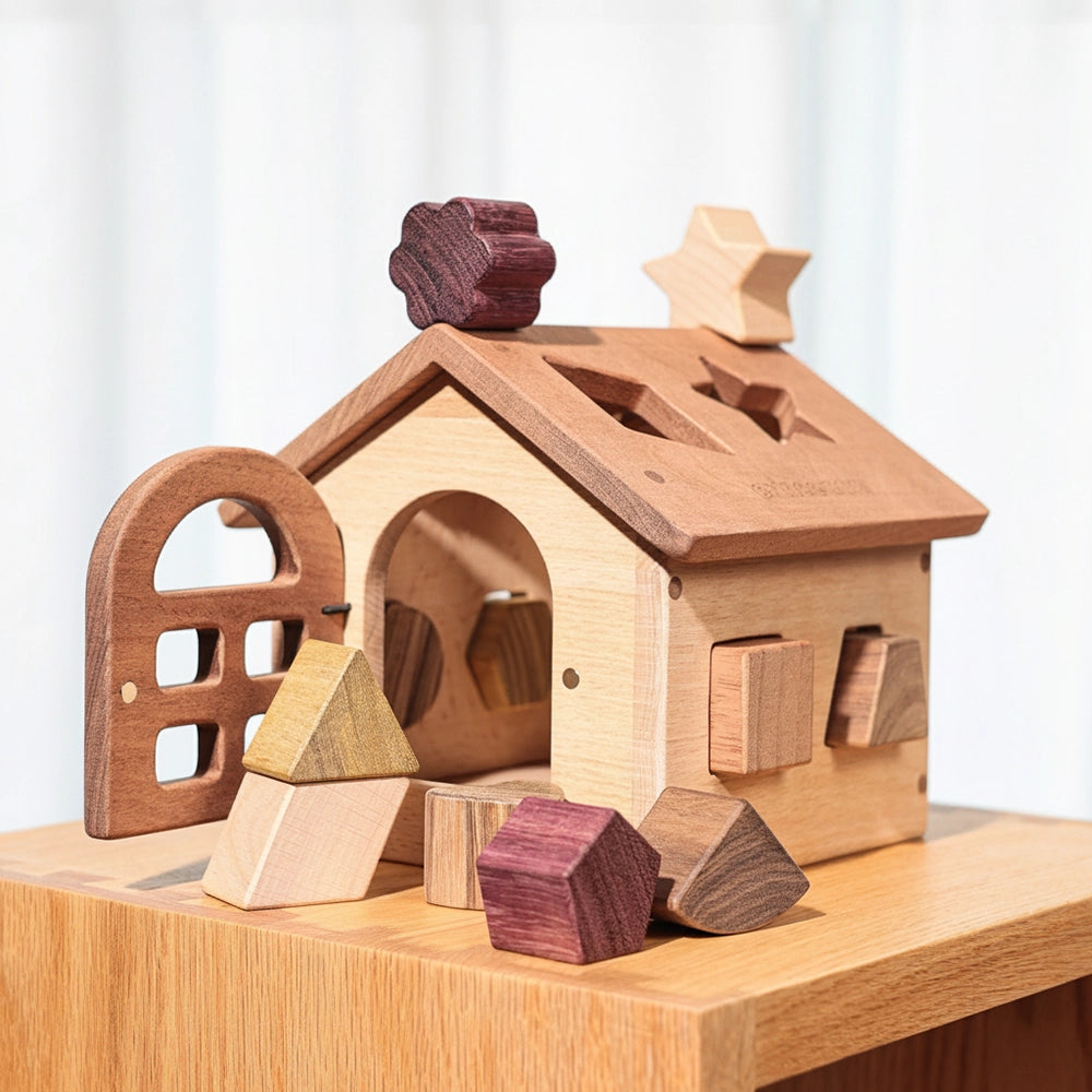 Angled view of the solid hardwood shape sorter house with geometric wooden blocks stacked in front