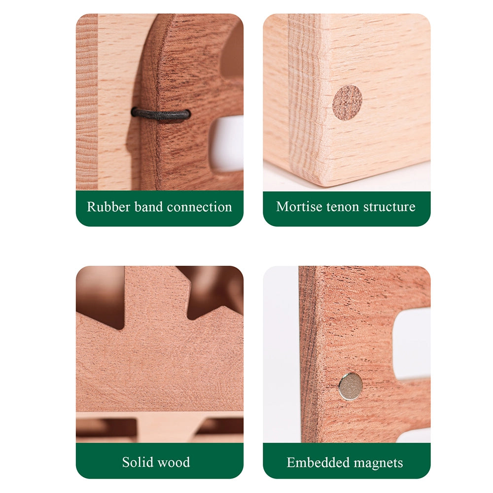 Four close-up panels detailing the structural features and wood material of the shape sorter house