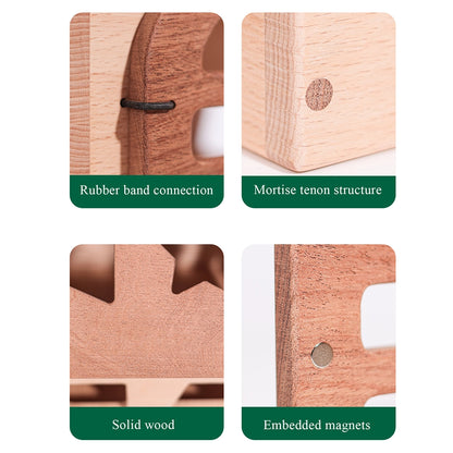 Four close-up panels detailing the structural features and wood material of the shape sorter house