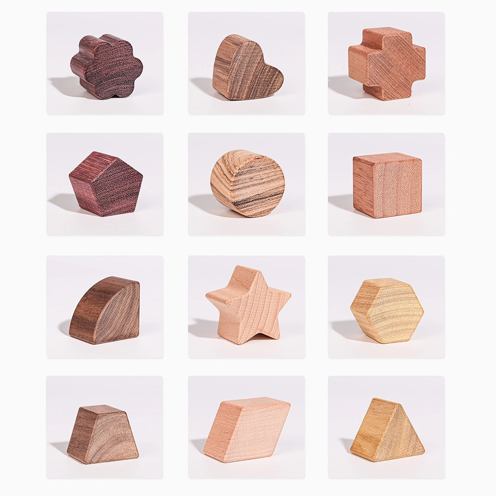 Grid display of twelve unique solid hardwood geometric sorting blocks included with the house toy