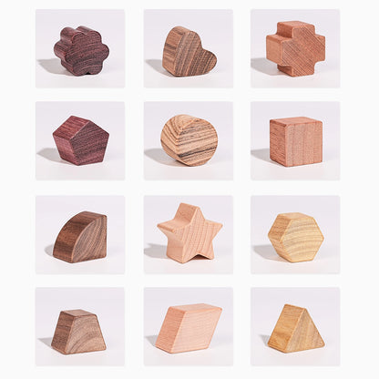 Grid display of twelve unique solid hardwood geometric sorting blocks included with the house toy