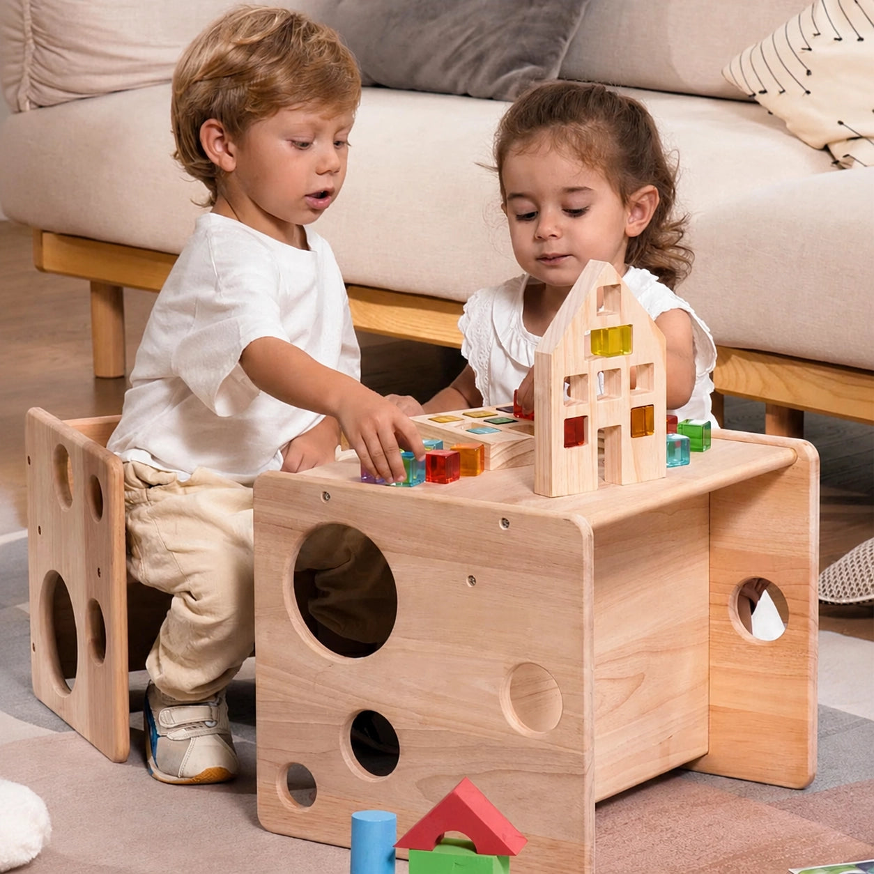 Two young children sitting together using a solid rubber wood Montessori cube set to play with building blocks