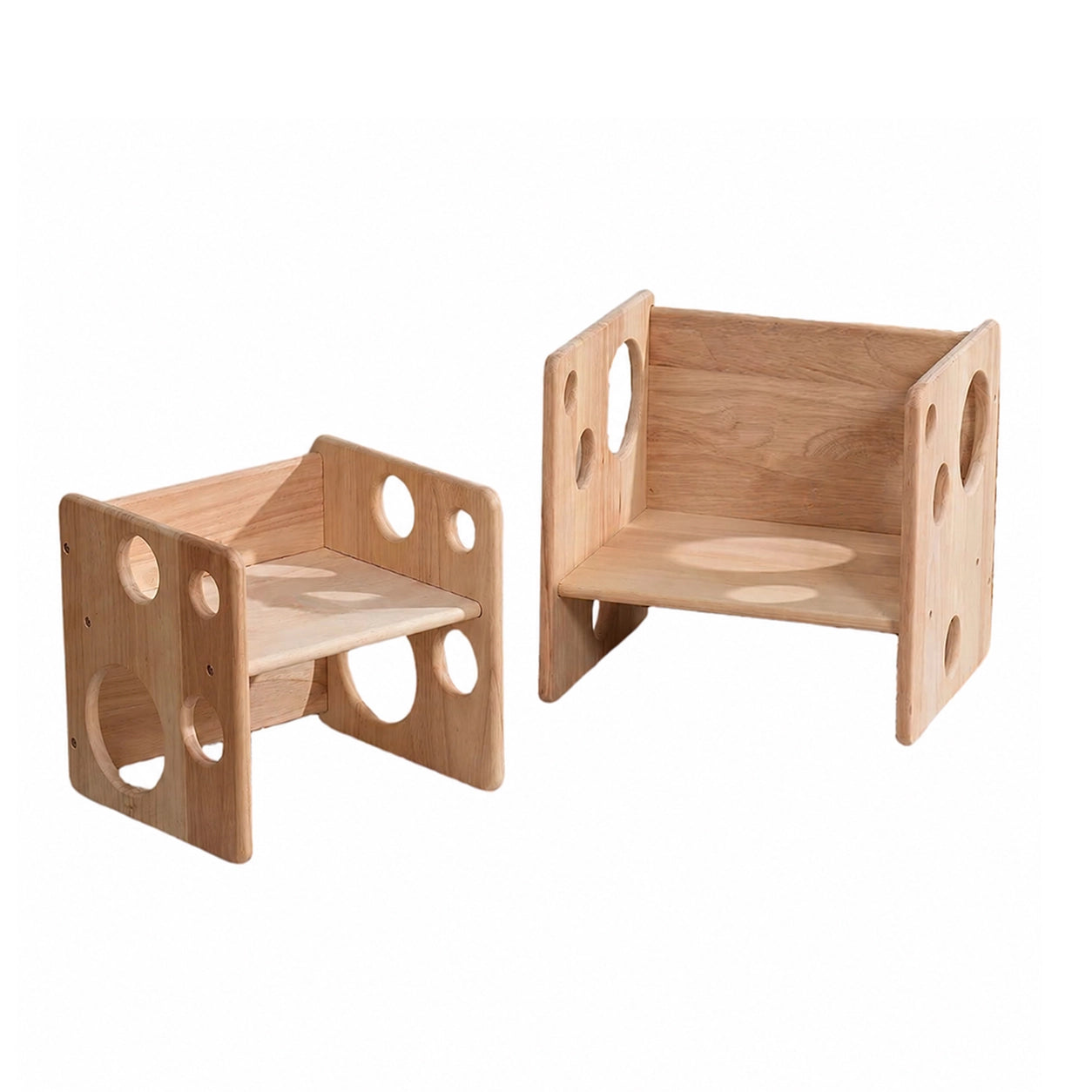 Two empty solid rubber wood Montessori cubes shown in different orientations on a white background