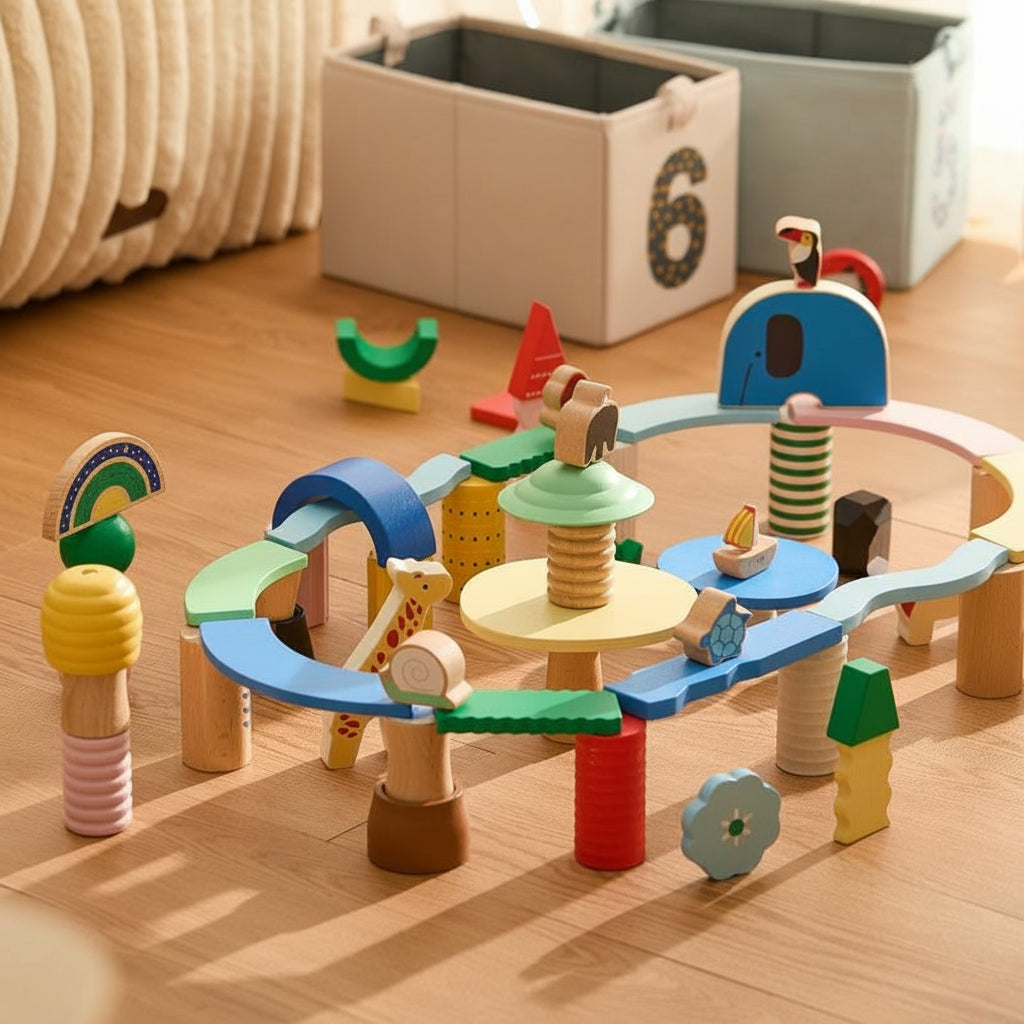 Angled view of an open-ended building blocks set built into a track structure with animal shapes on a wooden floor