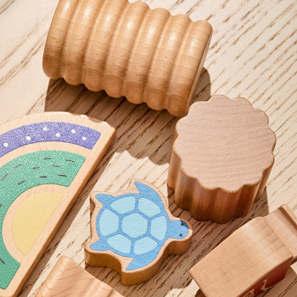 Close-up of solid beech wood building blocks showing a ribbed cylinder, a turtle shape, and natural wood grain textures