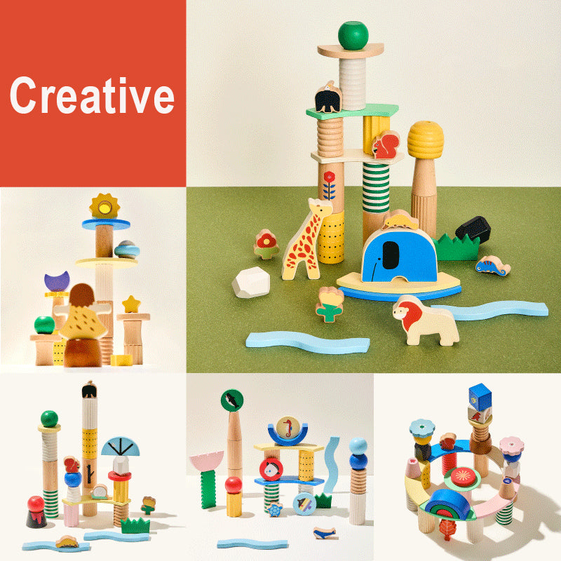 Infographic showing six different creative tower and track structures built using the wooden building blocks set