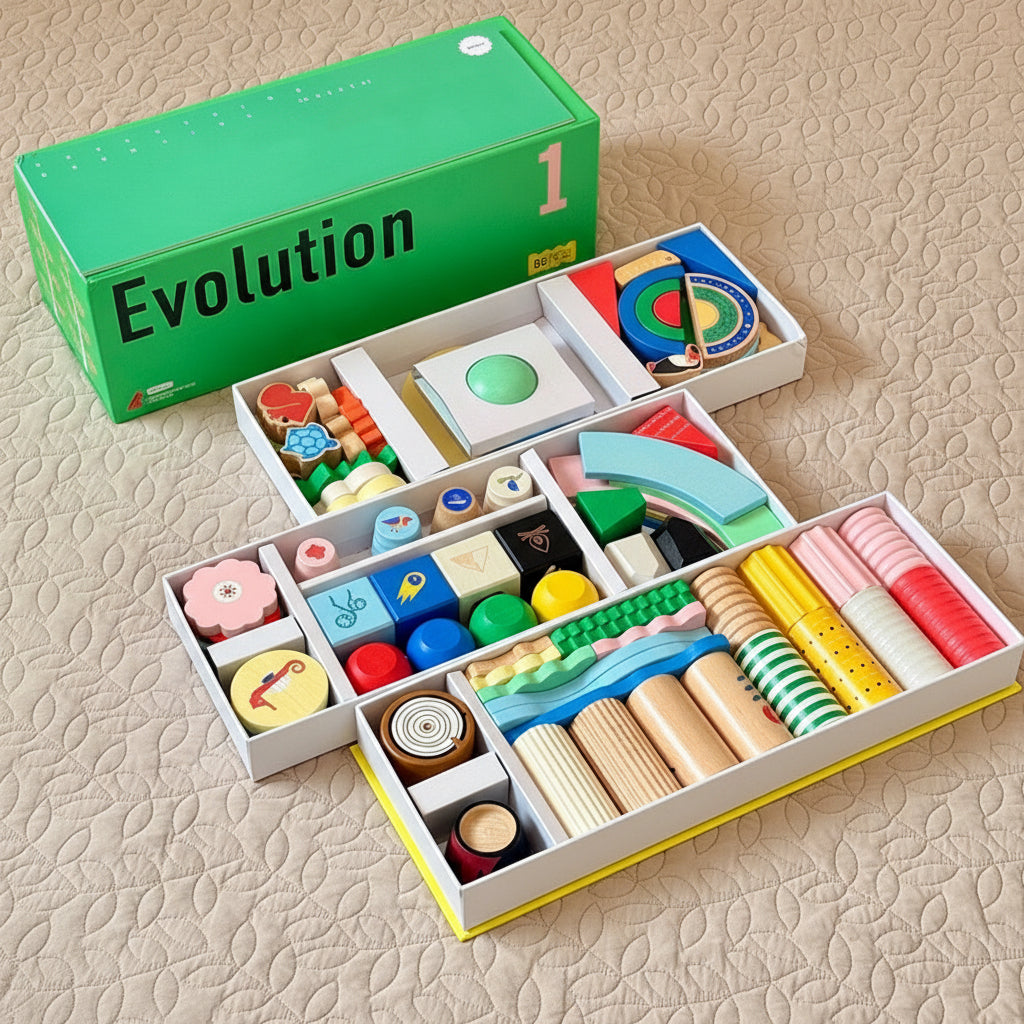Open green packaging box filled with sorted solid beech wood blocks in organized structural compartments