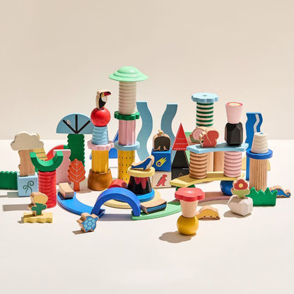 Full assembled view of the open-ended building blocks set forming a large, complex structure on a white background
