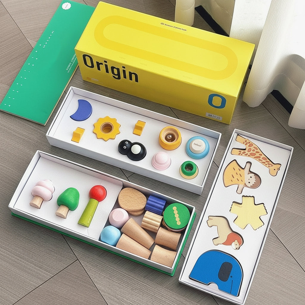 Open yellow packaging box and trays containing neatly organized wooden building blocks in geometric and animal shapes