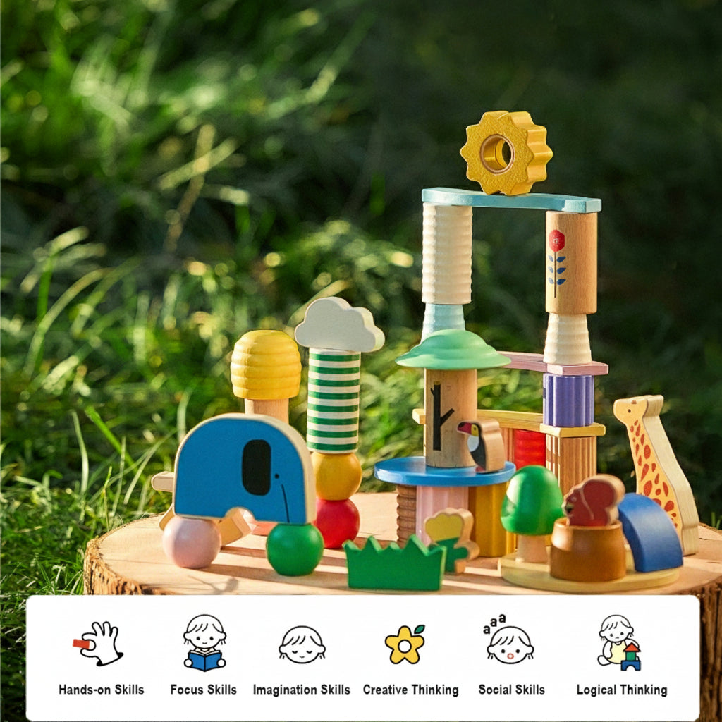 Educational infographic showing a block tower structure with icons highlighting hands-on, focus, and creative skills