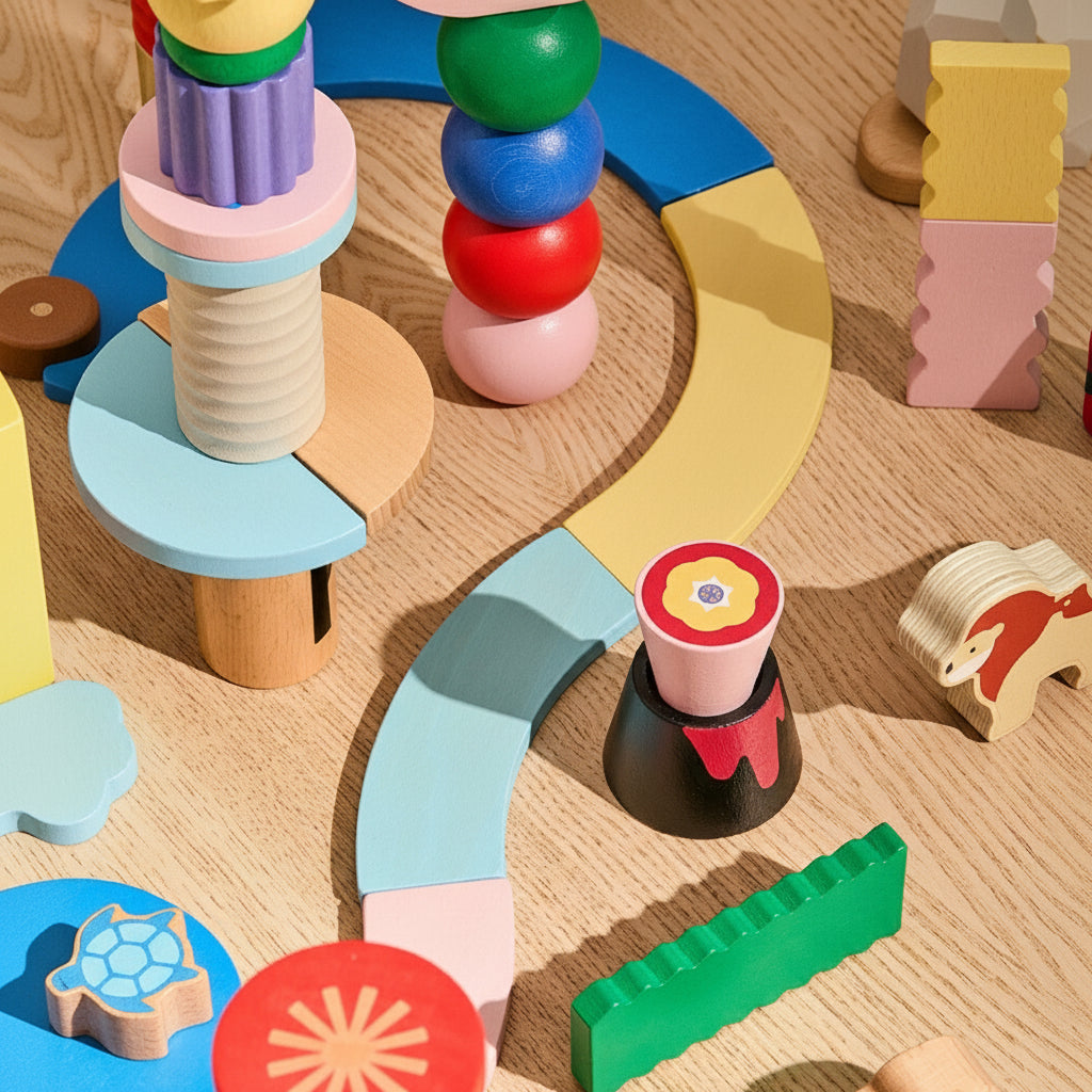 Top-angled close-up of a winding track structure built with colorful beech wood blocks on a wooden surface