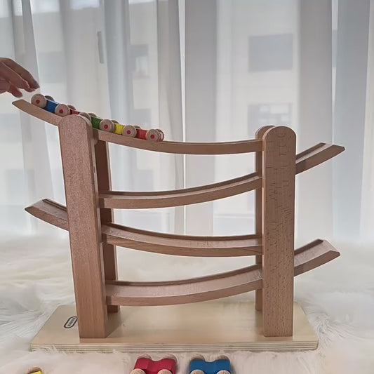 Solid Wood Toddler Car Ramp Track – Beech Rolling Race Toy