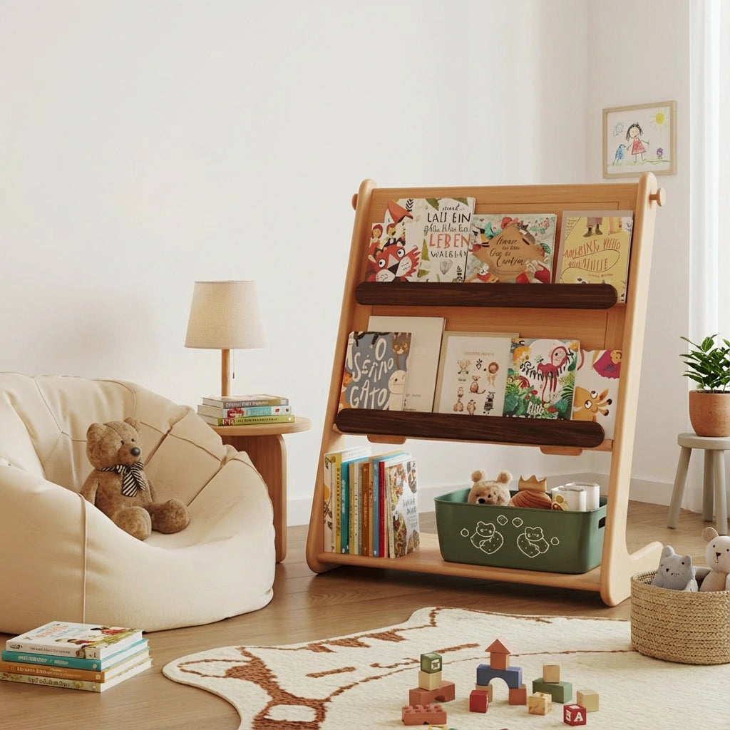 Angled view of the solid beech kids book rack next to a cream bean bag chair holding a teddy bear