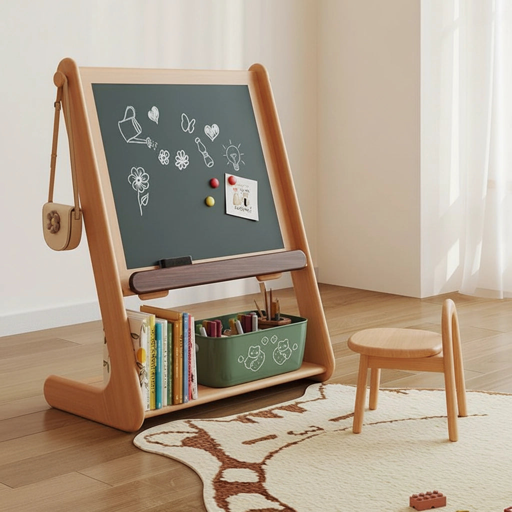 Angled view of the solid beech magnetic easel side with a green chalkboard, books, and a small wooden stool