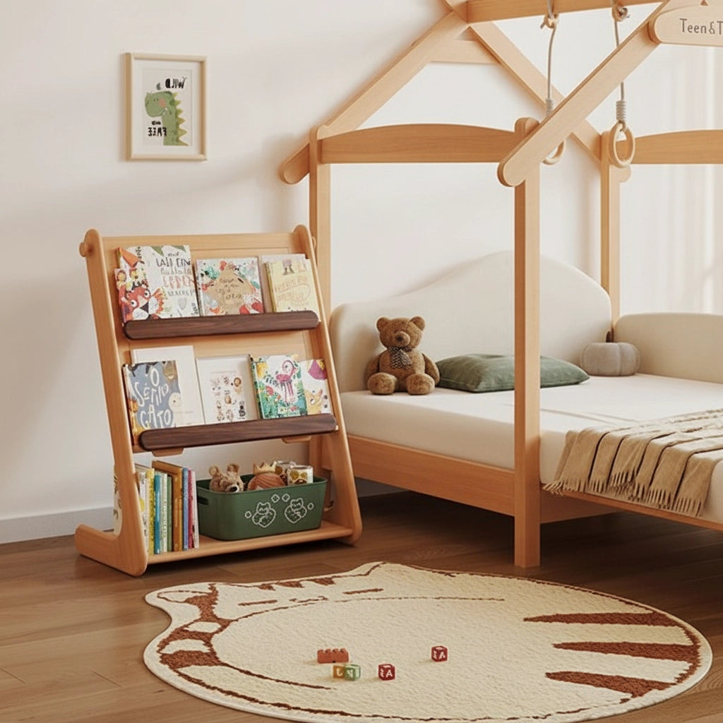 Montessori bookshelf side filled with picture books next to a wooden house-shaped floor bed frame