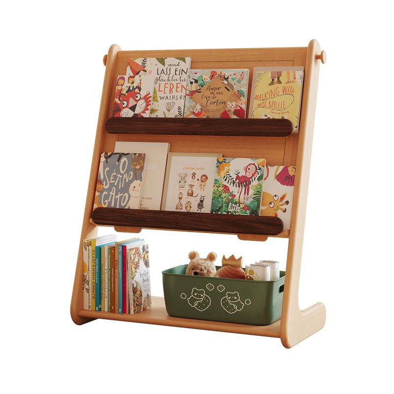 Front-facing kids bookshelf filled with books and a green storage bin isolated on a white background