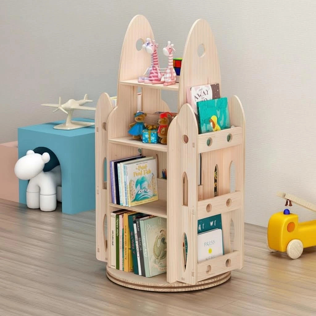Angled view of a solid pine rocket rotating bookshelf filled with children's books and small toys