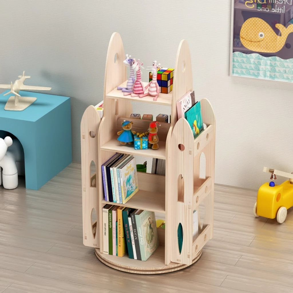 Close three-quarter view of a solid pine rocket bookshelf holding colorful picture books and toys