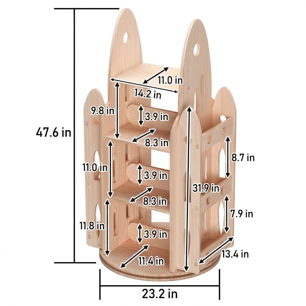 Dimension diagram of the rocket rotating bookshelf measuring 47.6 inches high and 23.2 inches wide