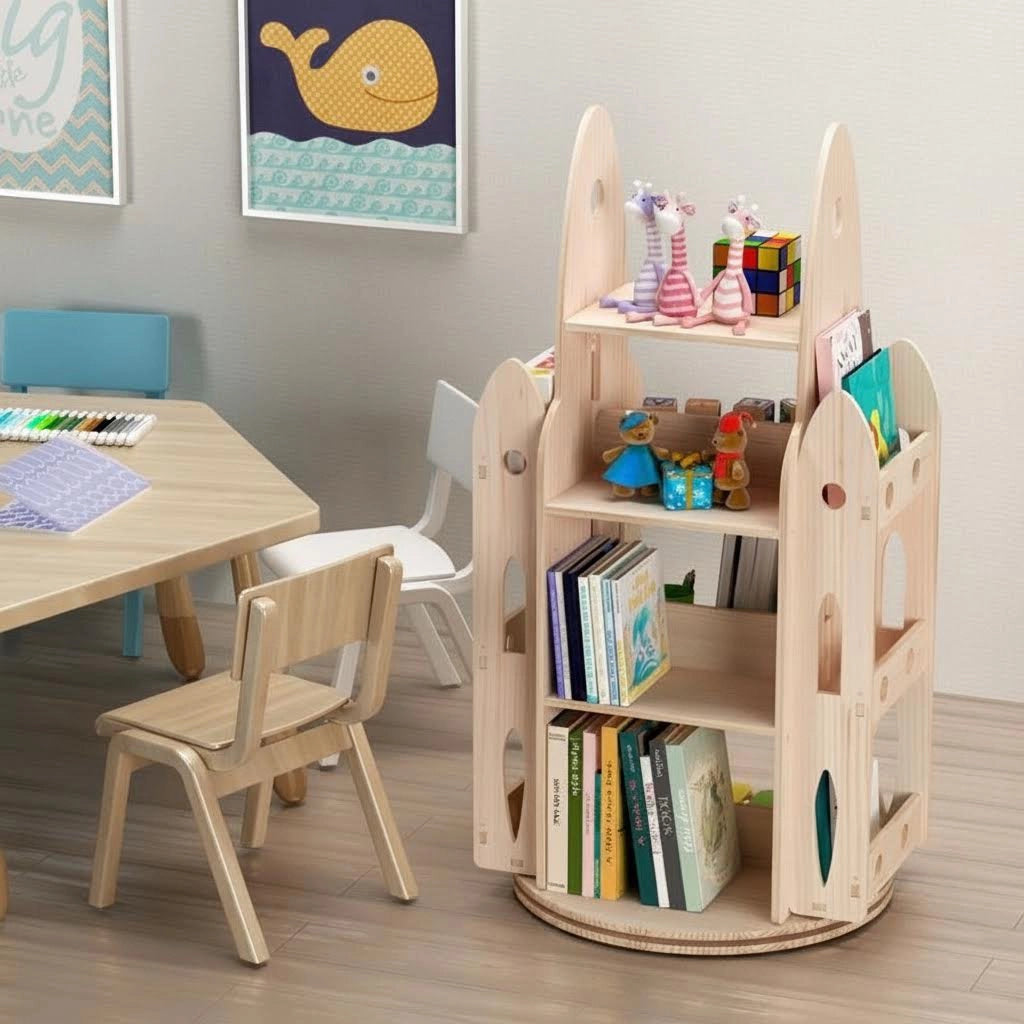 Rocket rotating bookshelf and toy organizer standing next to a children's wooden table and chair set