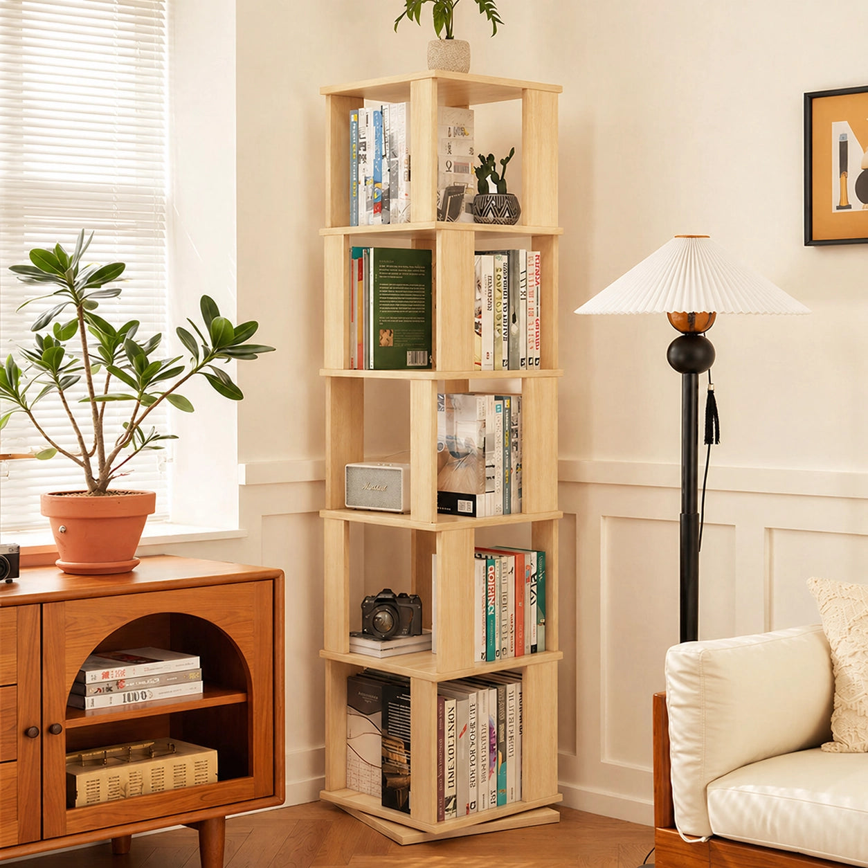 Full view of a five-tier solid pine rotating bookshelf for kids filled with books in a living room
