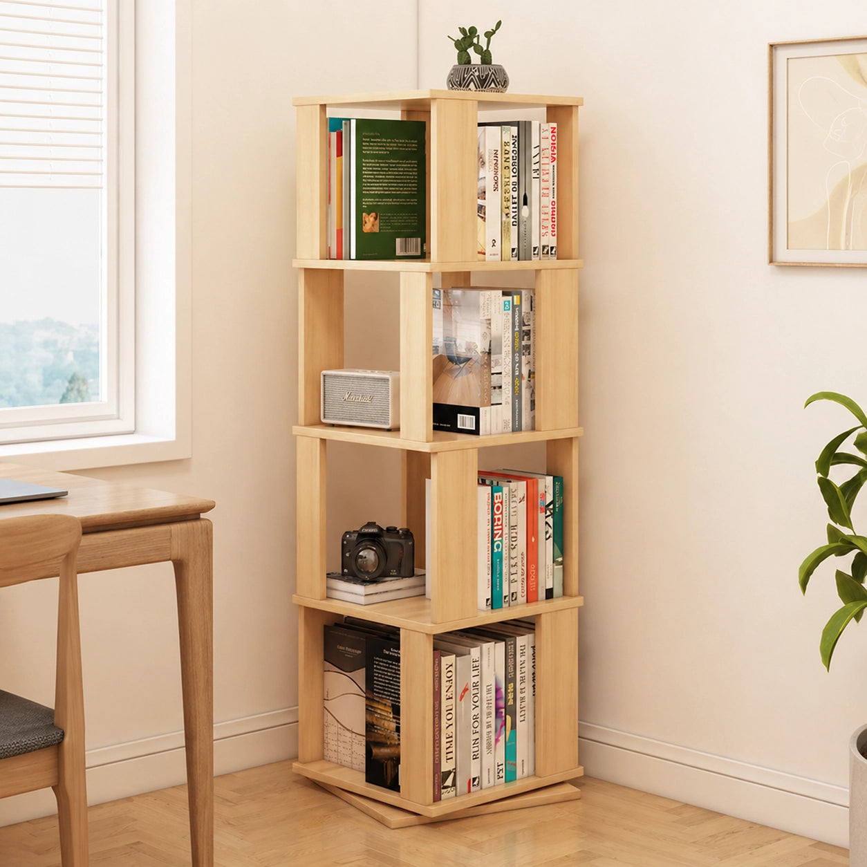 Solid pine rotating bookshelf for kids positioned in a corner next to a wooden study desk