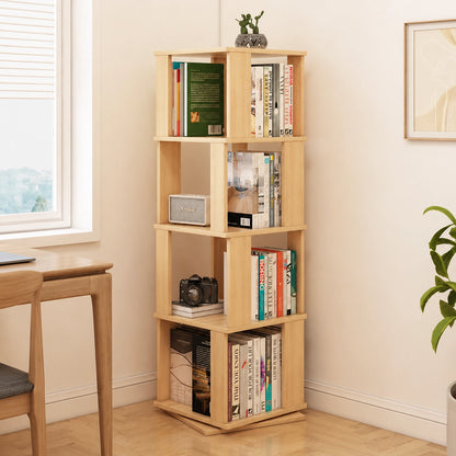 Solid pine rotating bookshelf for kids positioned in a corner next to a wooden study desk