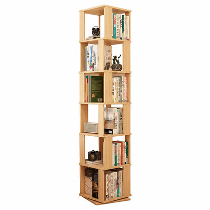 Six-tier solid pine rotating bookshelf for kids filled with books on a white background