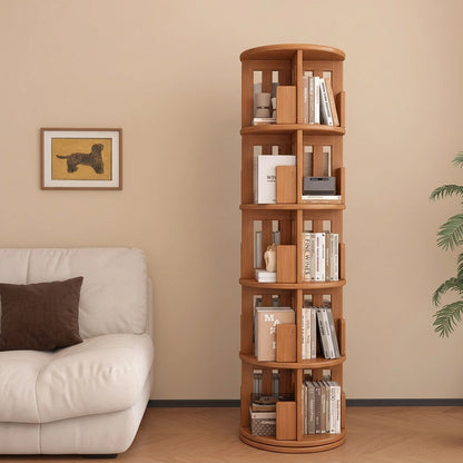 Five-tier rotating solid rubberwood kids bookshelf in a natural finish displayed next to a white sofa