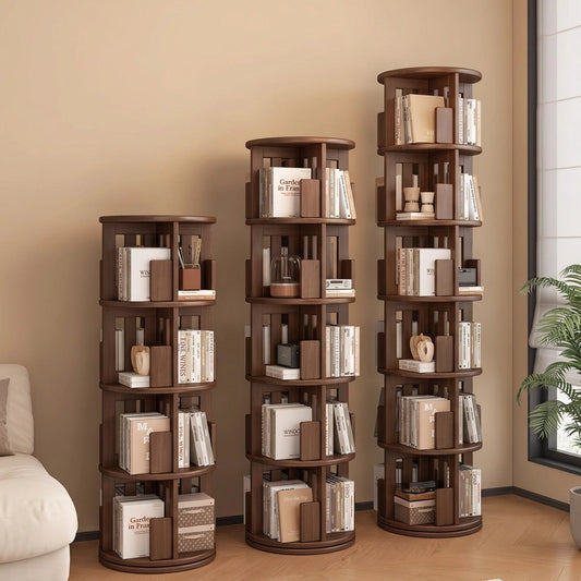 Three rotating solid rubberwood kids bookshelves of varying heights in a dark finish filled with books