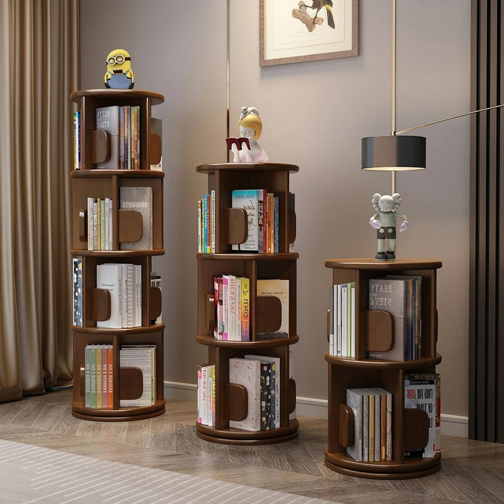 Three rotating solid wood kids bookshelves in a dark brown finish and varying heights displayed in a room