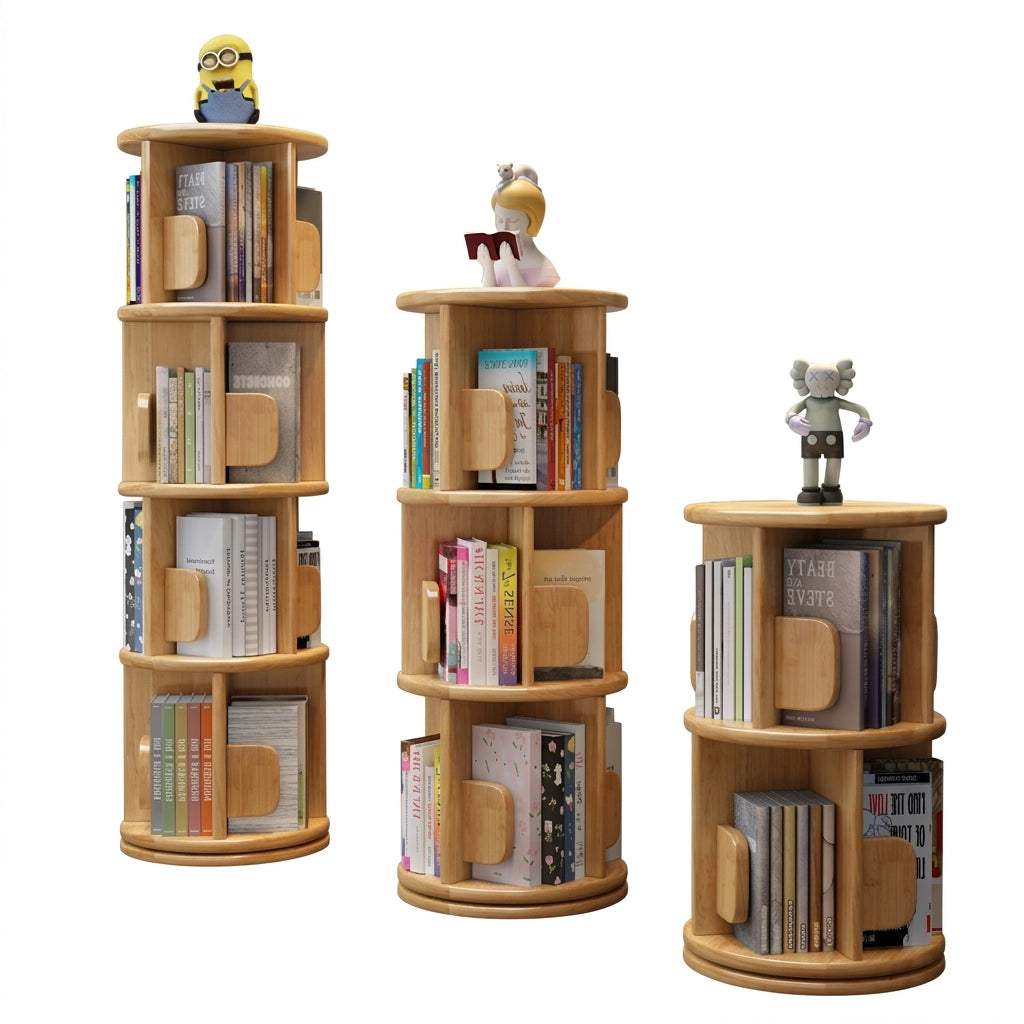 Three rotating solid wood kids bookshelves of different tier heights isolated on a clean white background