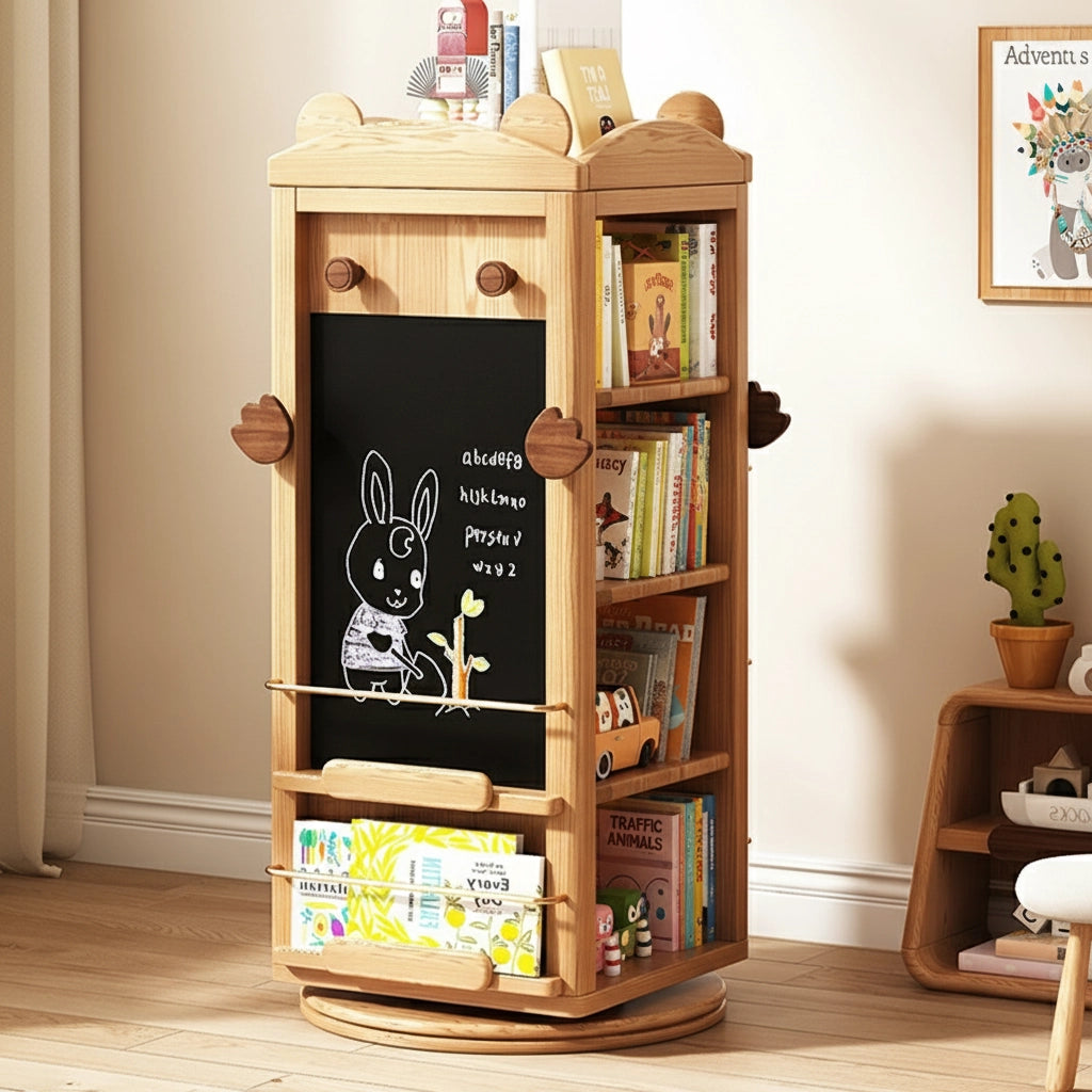 Front-angled view of a solid red oak rotating Montessori bookshelf with a drawing on the chalkboard panel
