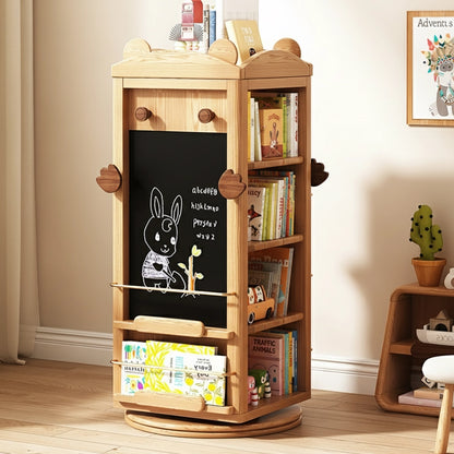Front-angled view of a solid red oak rotating Montessori bookshelf with a drawing on the chalkboard panel