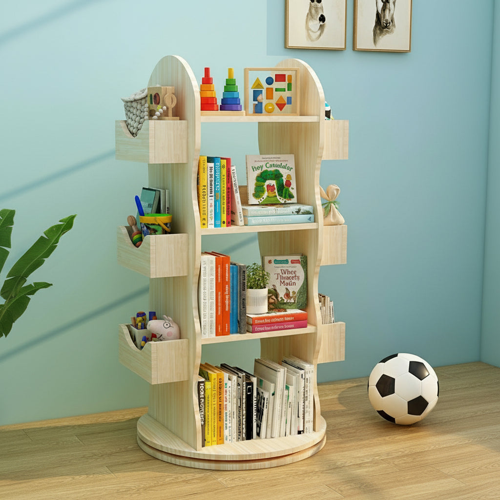 Three-quarter view of a solid pine rotating Montessori bookshelf filled with children's books and toys