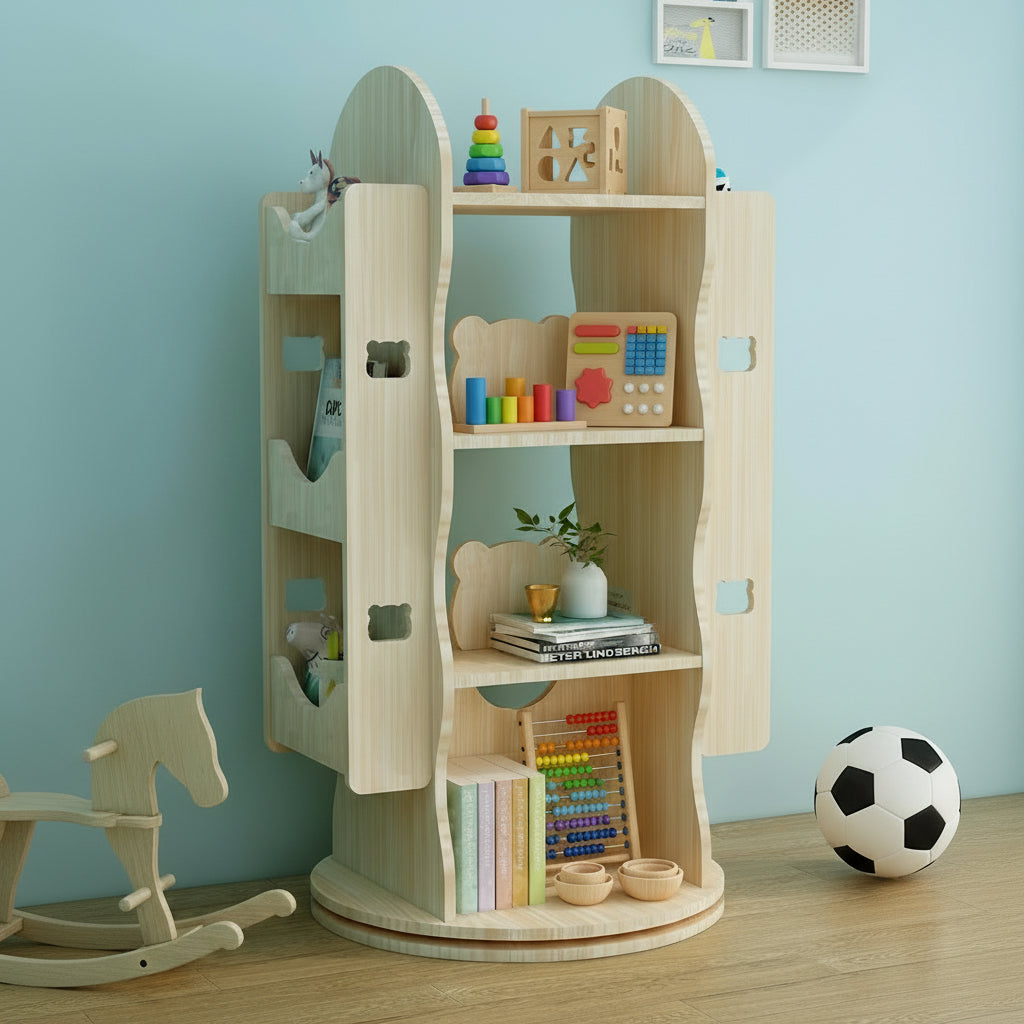 Angled view of a rotating wood bookshelf with bear-shaped dividers next to a wooden rocking horse