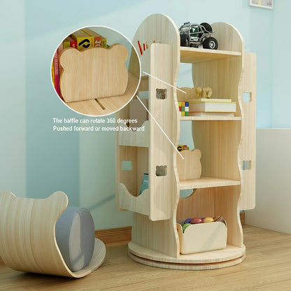 Infographic of a solid pine bookshelf with a circular close-up showing a 360-degree rotating bear baffle