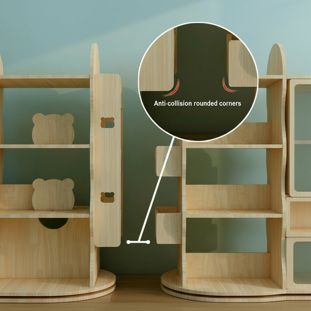 Close-up diagram of a solid pine toddler bookshelf emphasizing its anti-collision rounded corners