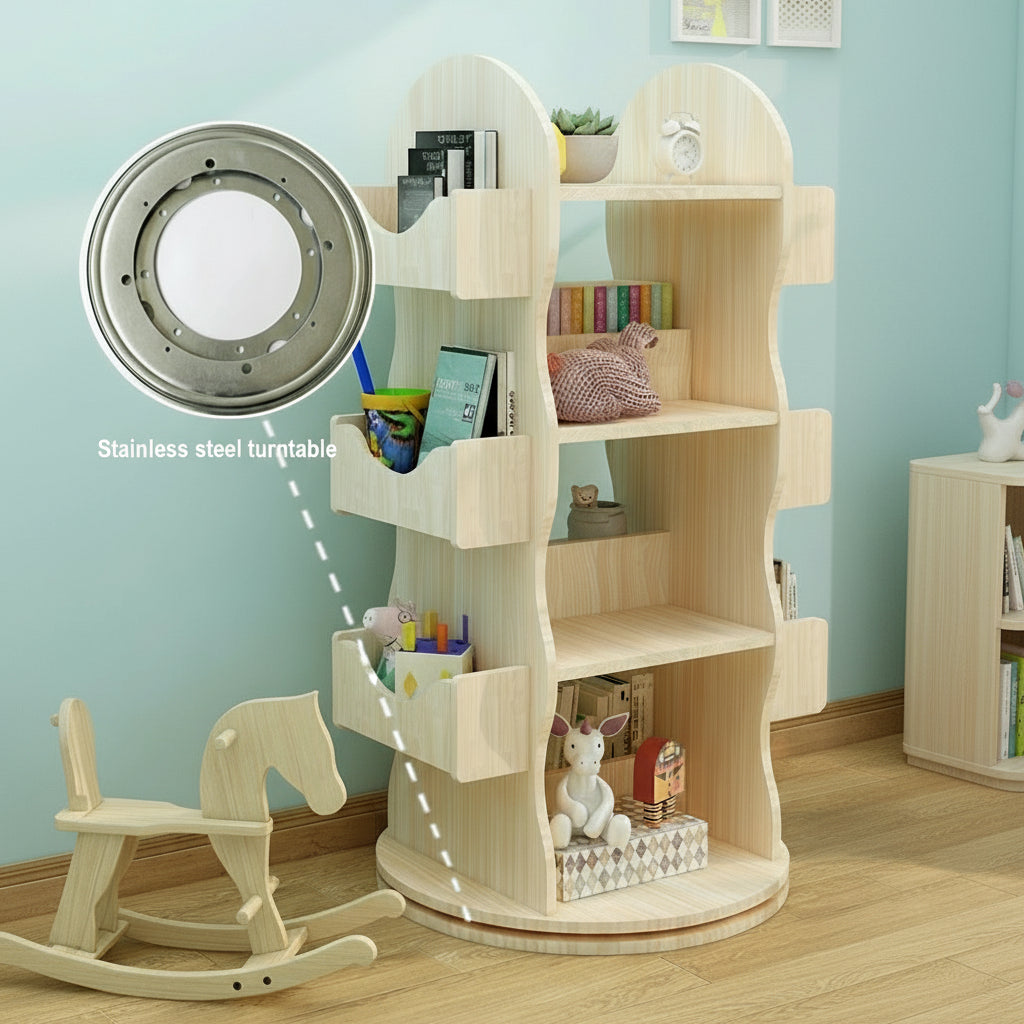 Infographic of a kids rotating bookshelf with a close-up diagram detailing the stainless steel turntable base
