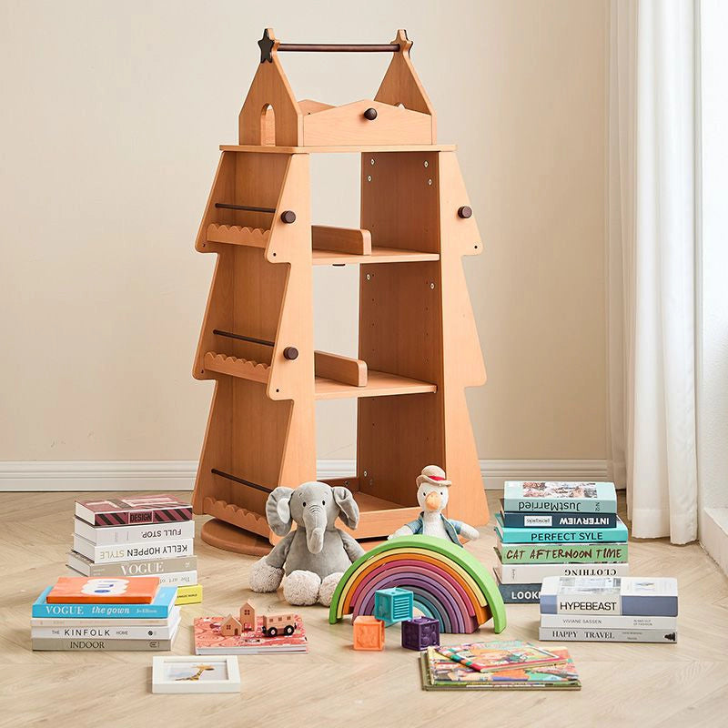 Back view of the treehouse kids bookshelf with a plush elephant and rainbow stacker on the floor