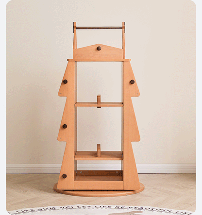 Straight front view of the empty solid beech wood rotating treehouse kids bookshelf frame
