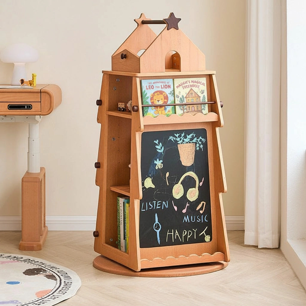 Front-angled view of a solid beech wood rotating treehouse kids bookshelf with a built-in chalkboard