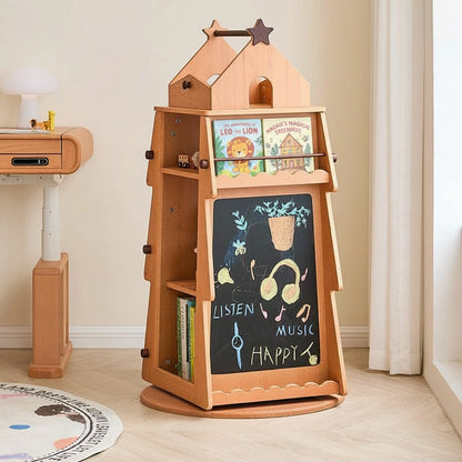 Front-angled view of a solid beech wood rotating treehouse kids bookshelf with a built-in chalkboard