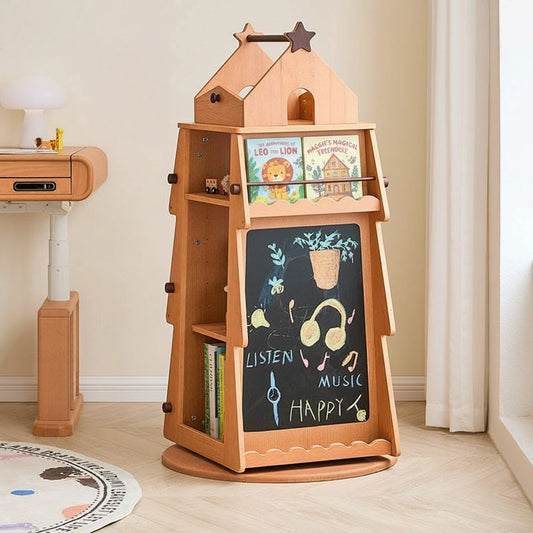 Front-angled view of a solid beech wood rotating treehouse kids bookshelf with a built-in chalkboard